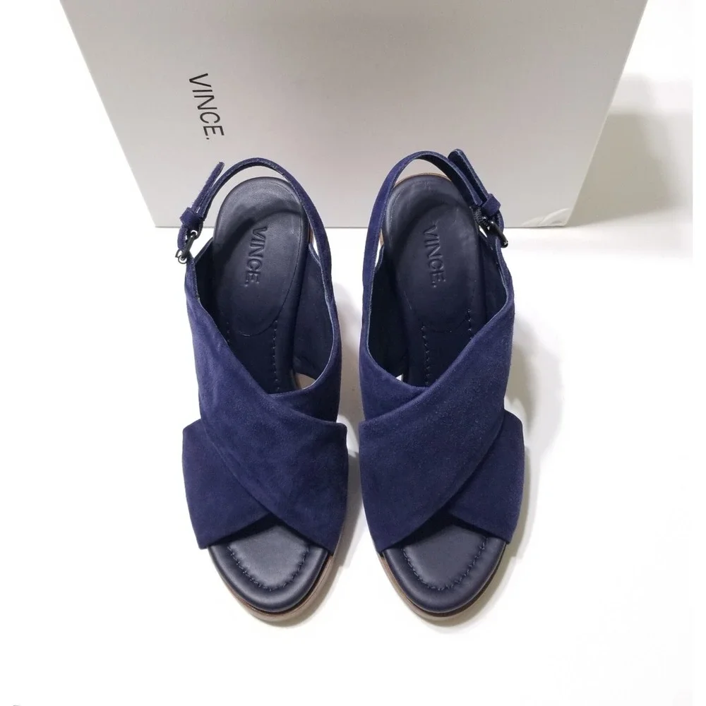 Vince Helena Suede Slingback Wooden Block Heel Sandals Indigo Blue NIB 6.5 7